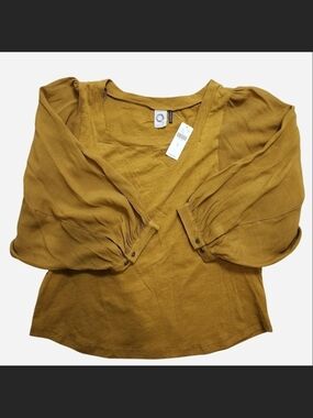 Anthropologie Mustard Yellow V-Neck Balloon Sleeve Blouse
